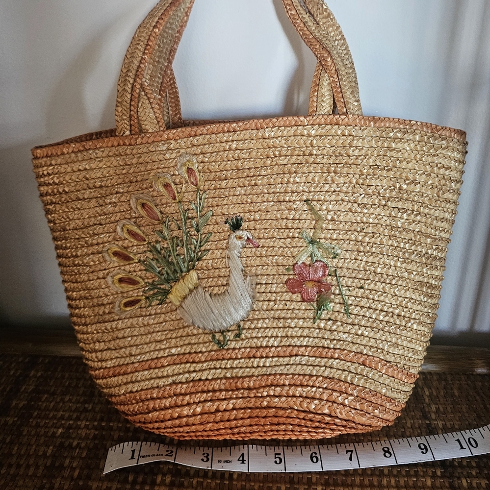 Embroidered Straw Tote Bag